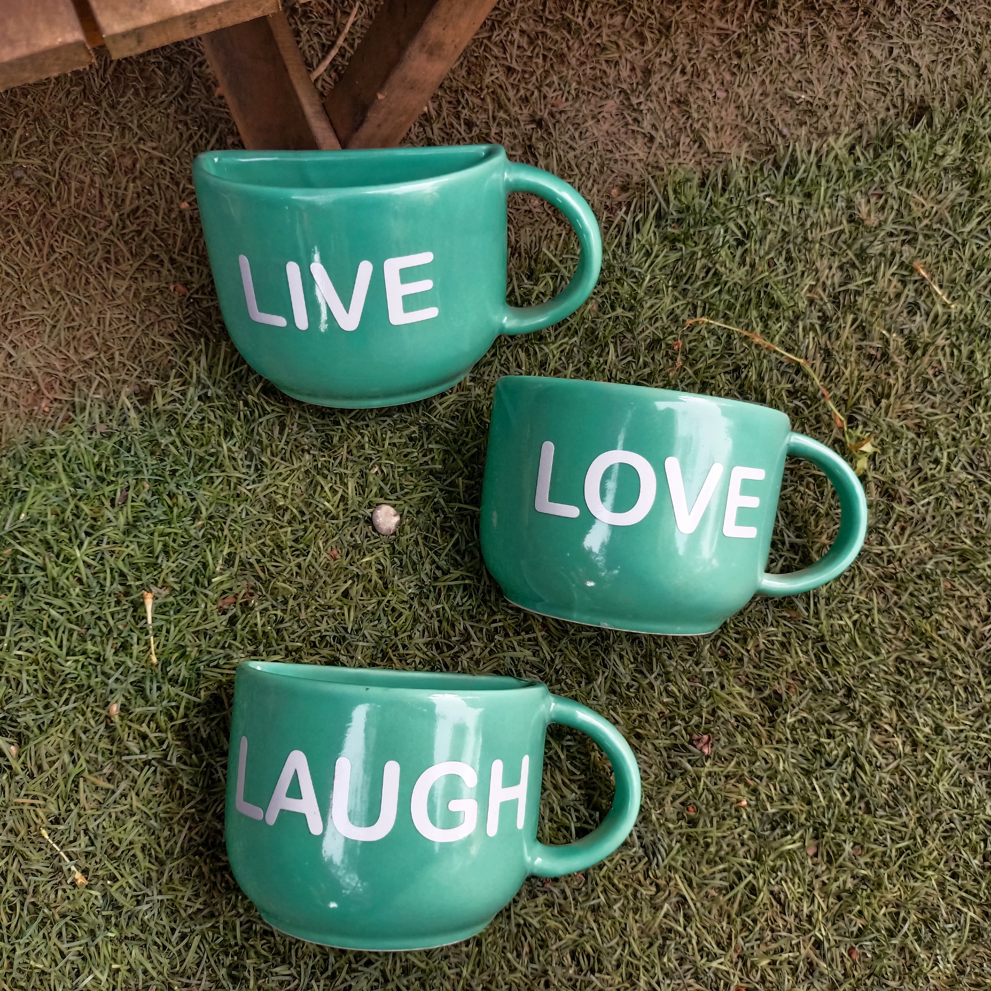 Live Love Laugh Trio Of Cup Shaped Wall Hanging Ceramic Planters