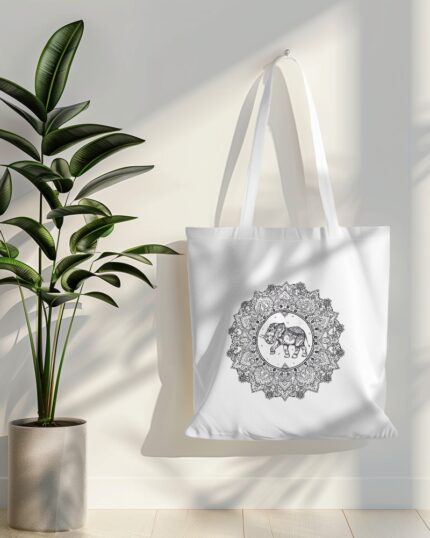 tote bag mockup hanging on white wall with plant in side 019 (3)