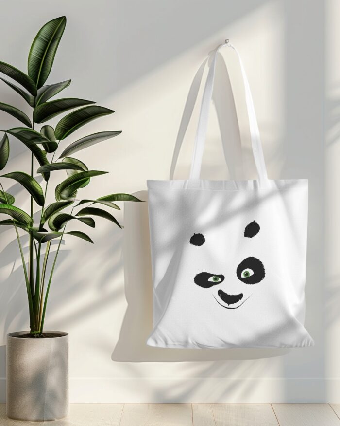 tote bag mockup hanging on white wall with plant in side 019