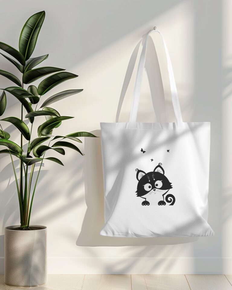 tote bag mockup hanging on white wall with plant in side 019 (8)